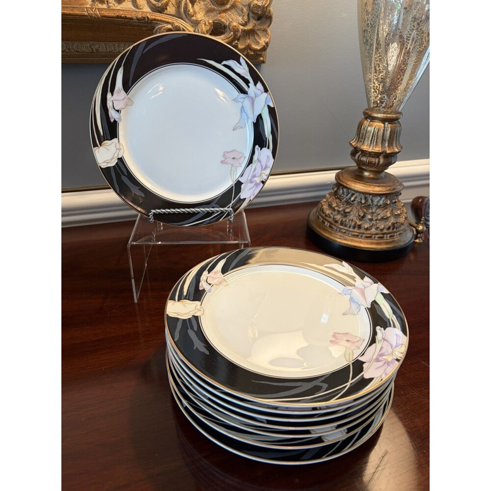 Mikasa Charisma Black Fine China 7.5" Salad Plates L9050 Japan Floral Set of 8
